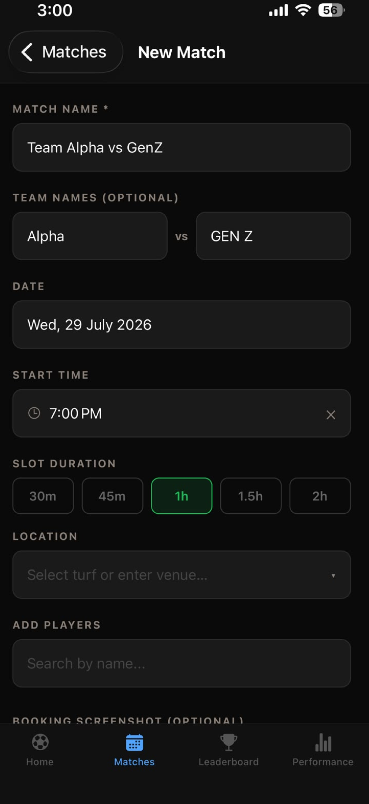 Live match view in Baller.ID